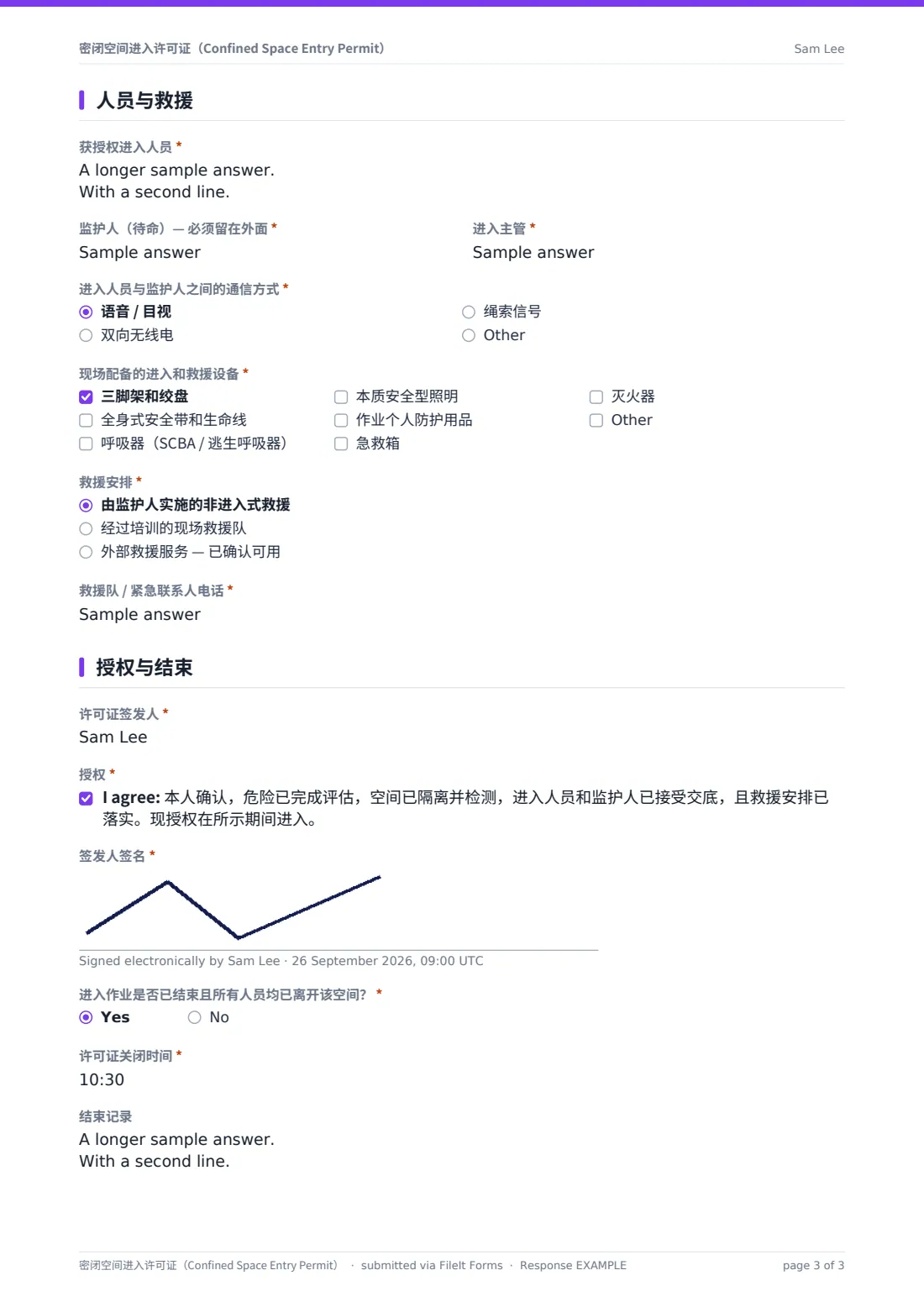 密闭空间进入许可证（Confined Space Entry Permit） — 示例回复 PDF，第 3 页，共 3 页