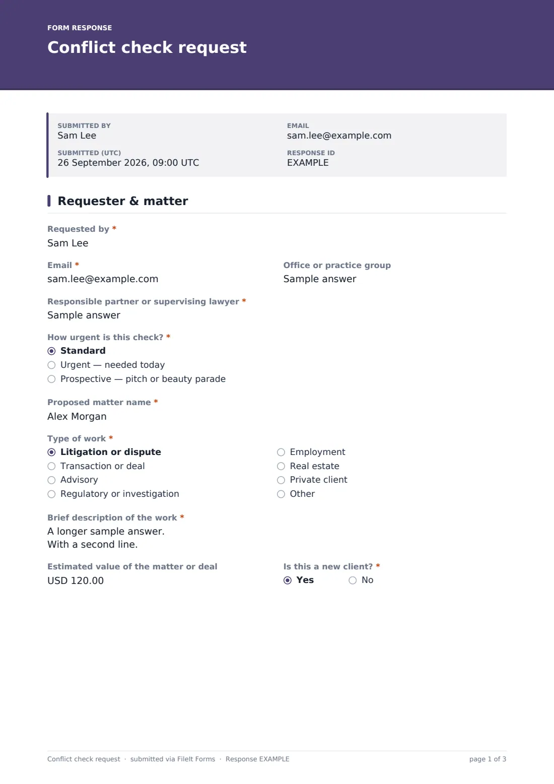 Conflict check request — example response PDF, page 1 of 3