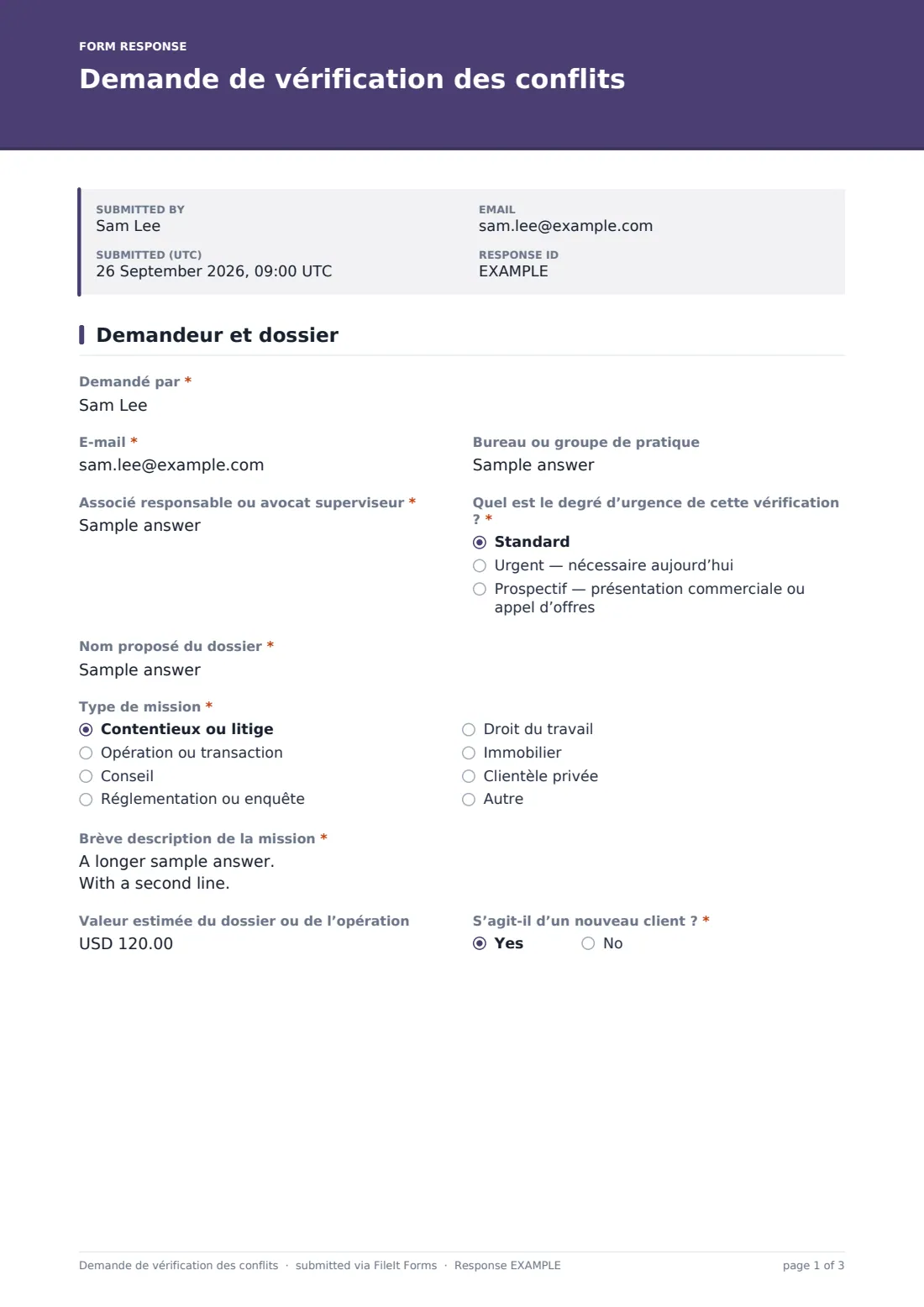 Demande de vérification des conflits — exemple de réponse au format PDF, page 1 sur 3
