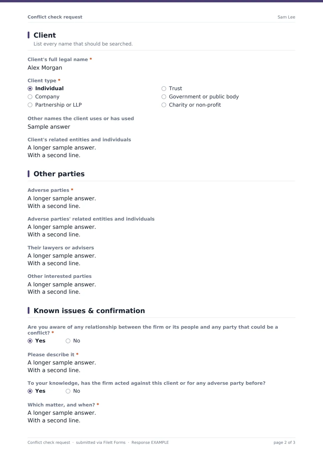 Conflict check request — example response PDF, page 2 of 3
