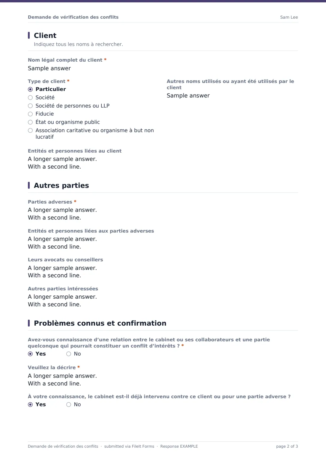 Demande de vérification des conflits — exemple de réponse au format PDF, page 2 sur 3