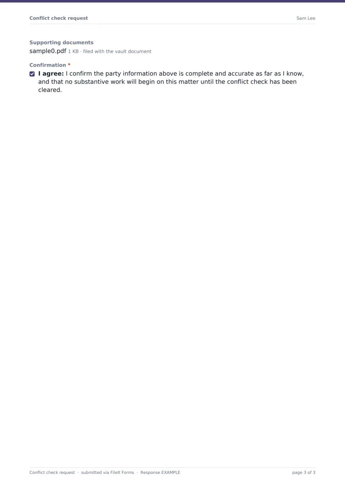Conflict check request — example response PDF, page 3 of 3