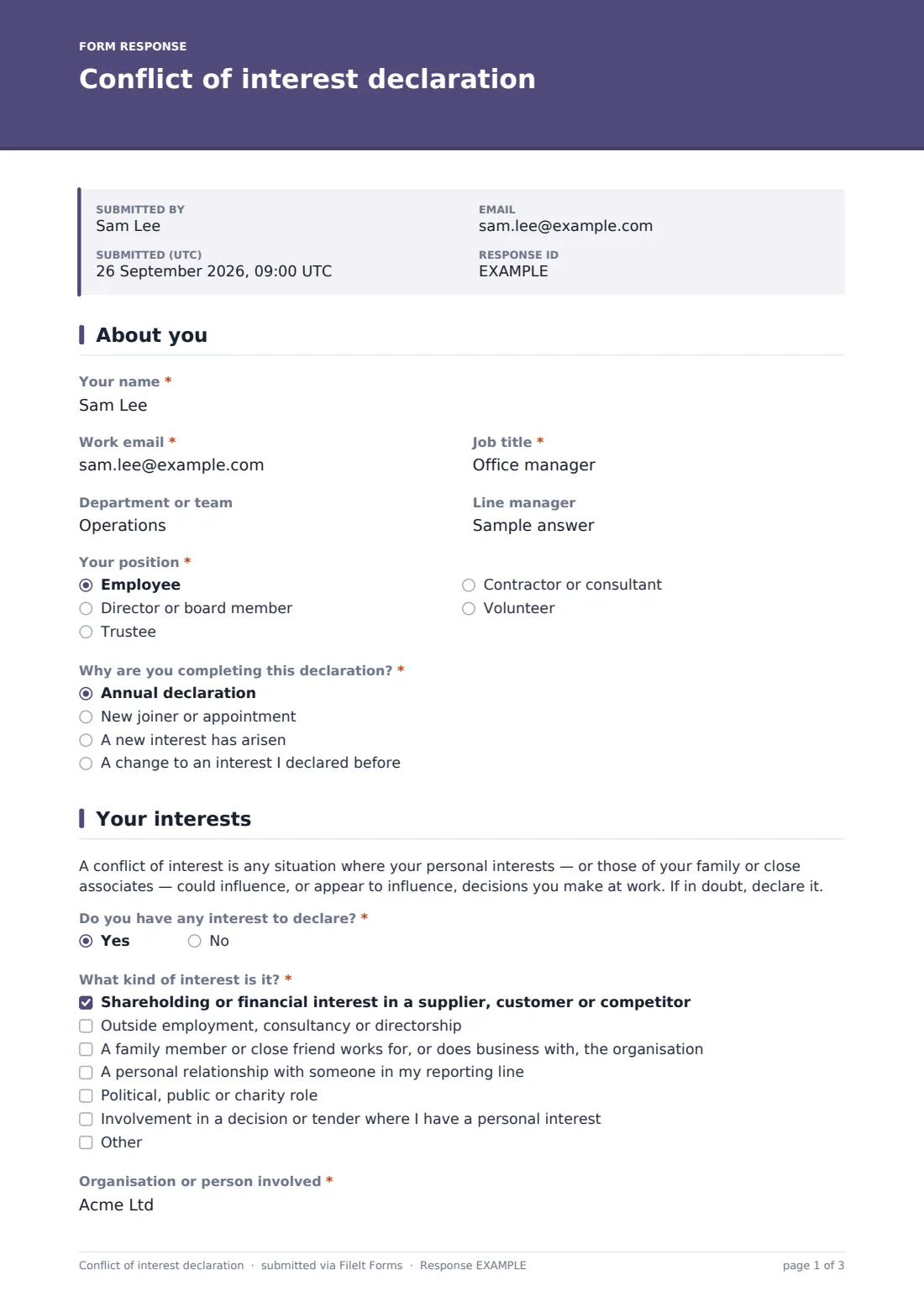 Conflict of interest declaration — example response PDF, page 1 of 3