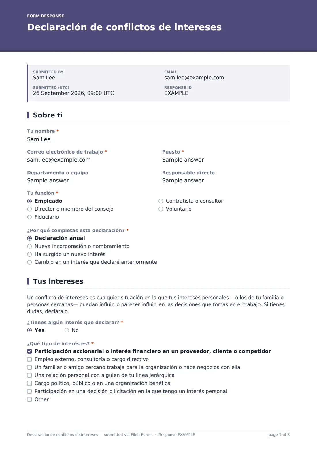 Declaración de conflictos de intereses — PDF de respuesta de ejemplo, página 1 de 3