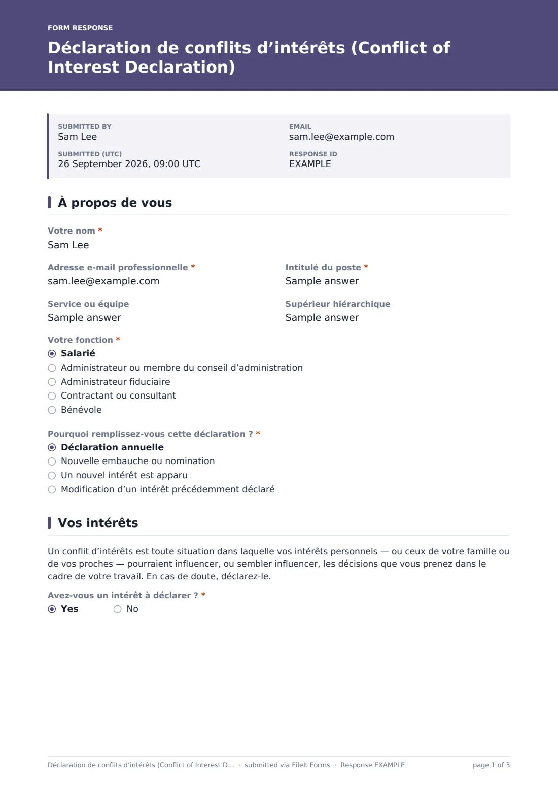 Déclaration de conflits d’intérêts (Conflict of Interest Declaration) — exemple de réponse au format PDF, page 1 sur 3
