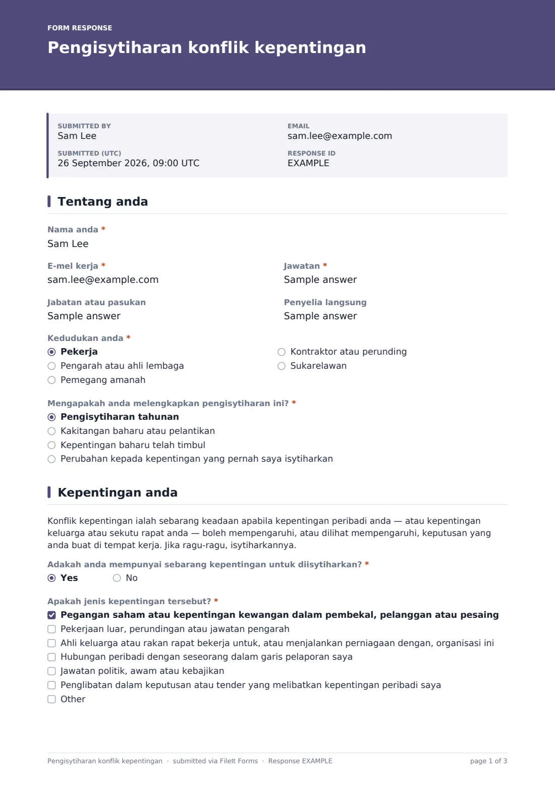 Pengisytiharan konflik kepentingan — PDF respons contoh, halaman 1 daripada 3