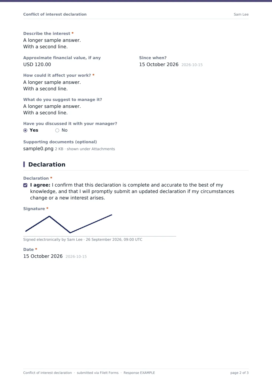 Conflict of interest declaration — example response PDF, page 2 of 3