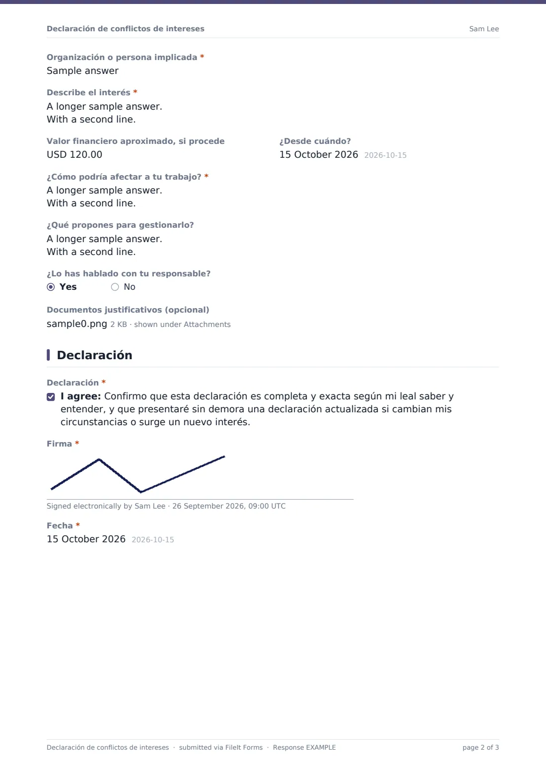 Declaración de conflictos de intereses — PDF de respuesta de ejemplo, página 2 de 3