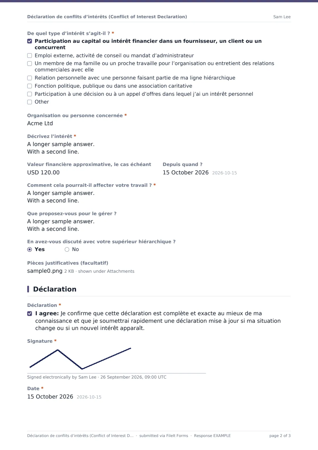 Déclaration de conflits d’intérêts (Conflict of Interest Declaration) — exemple de réponse au format PDF, page 2 sur 3