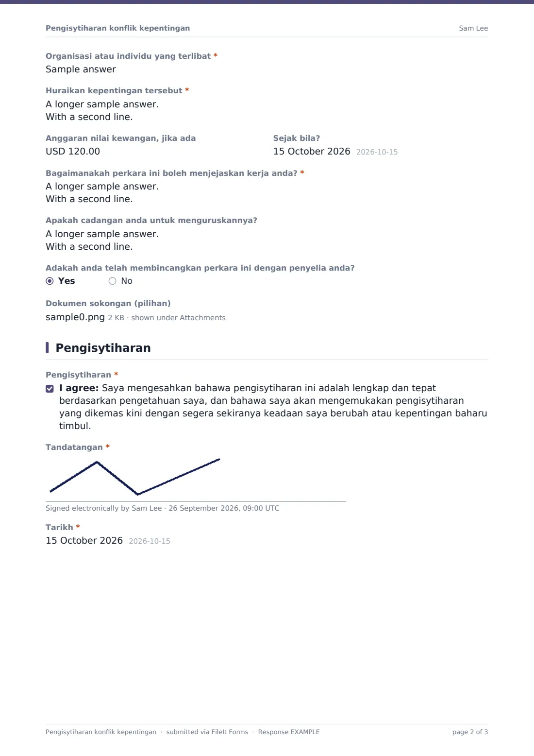 Pengisytiharan konflik kepentingan — PDF respons contoh, halaman 2 daripada 3