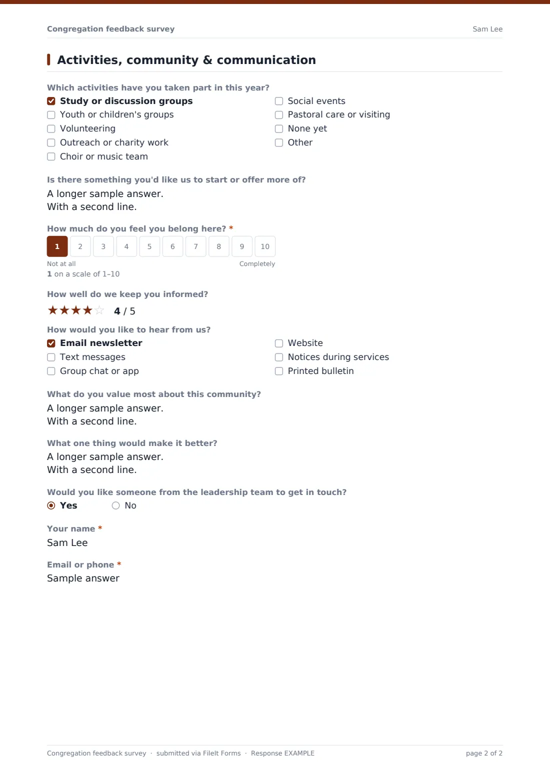 Congregation feedback survey — example response PDF, page 2 of 2