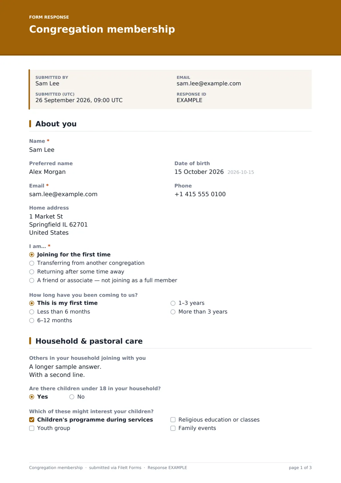 Congregation membership — example response PDF, page 1 of 3
