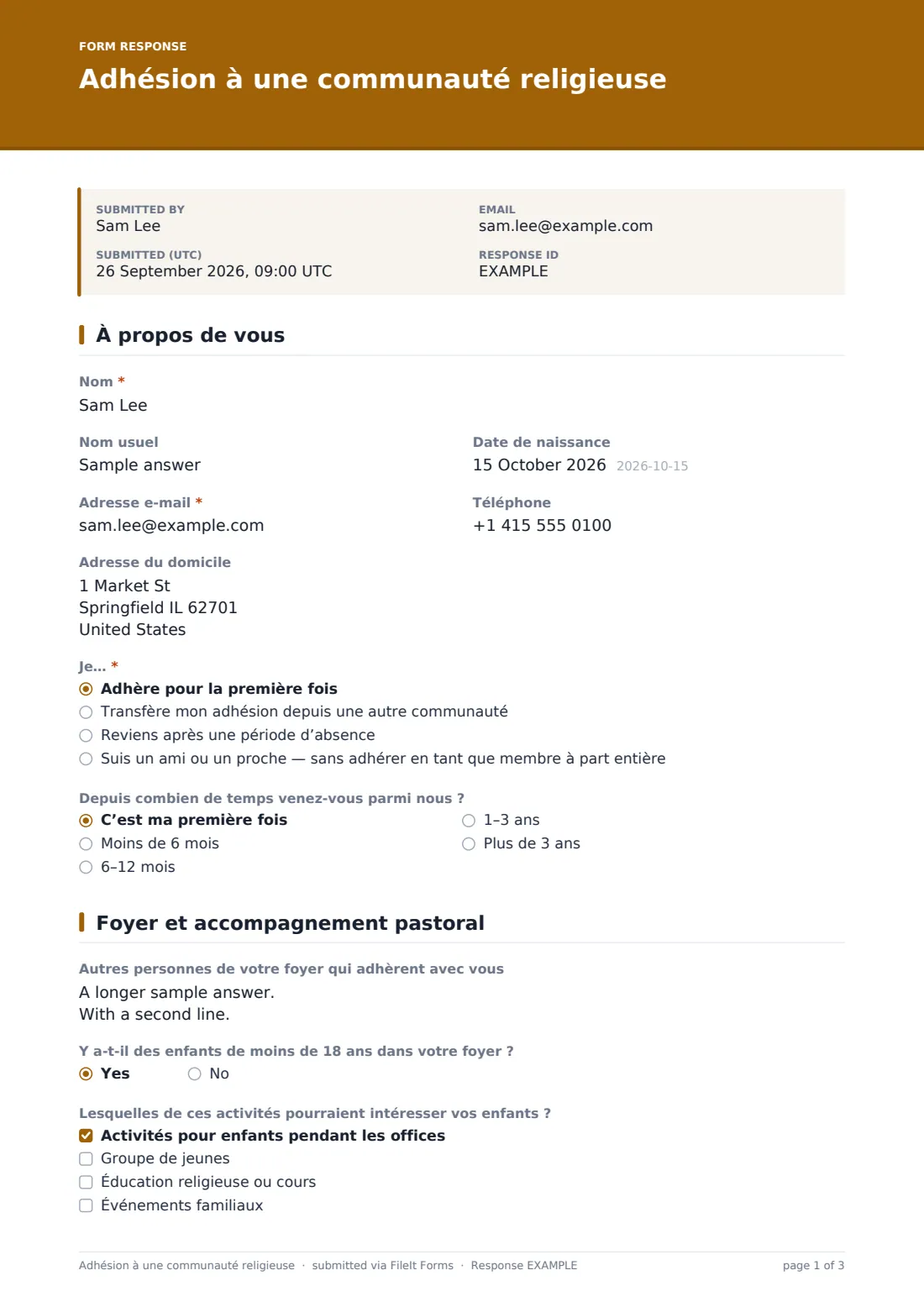 Adhésion à une communauté religieuse — exemple de réponse au format PDF, page 1 sur 3