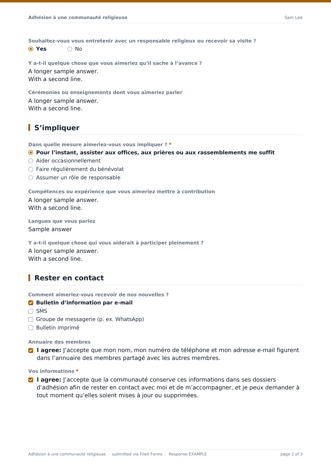 Adhésion à une communauté religieuse — exemple de réponse au format PDF, page 2 sur 3