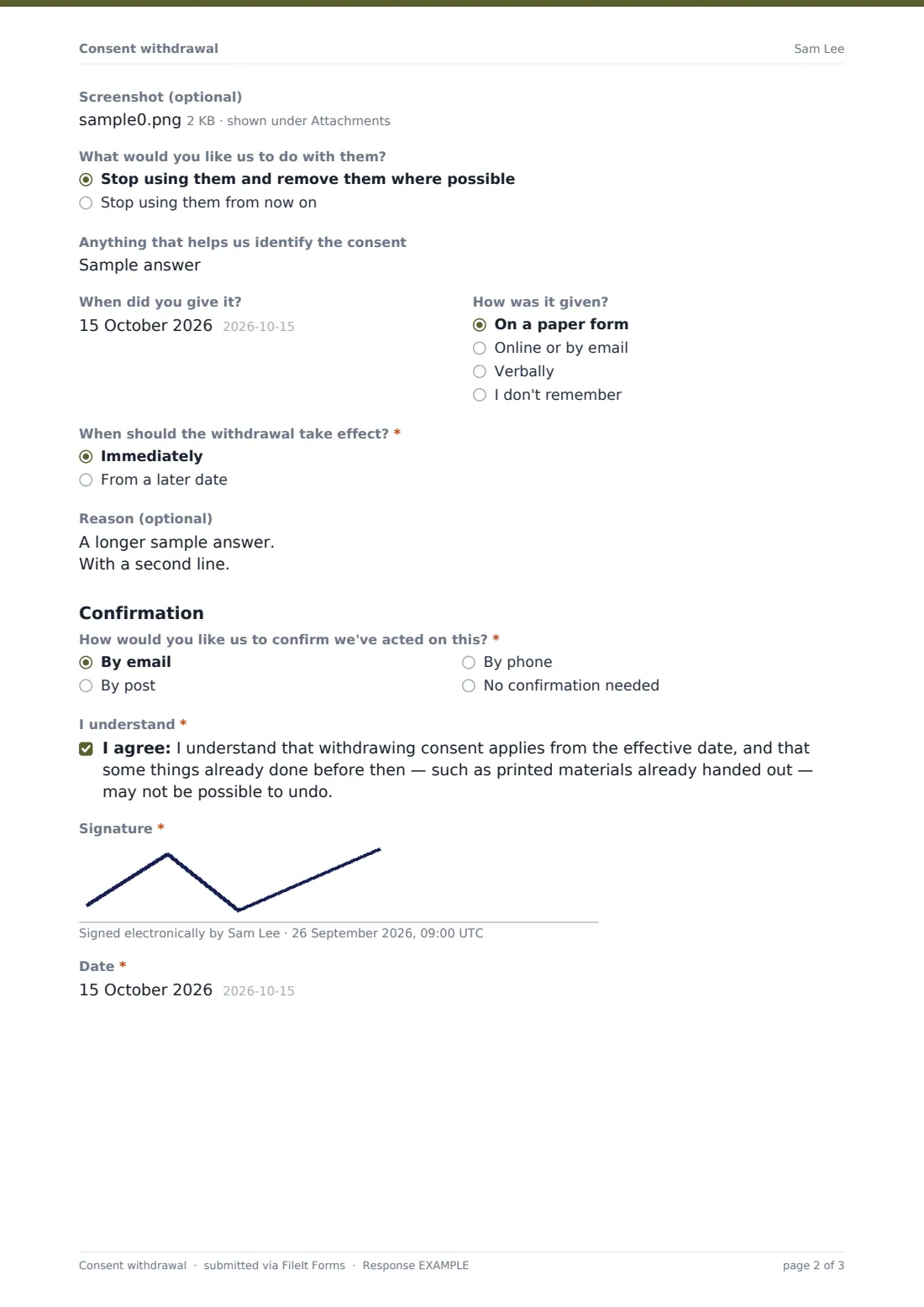 Consent withdrawal — example response PDF, page 2 of 3