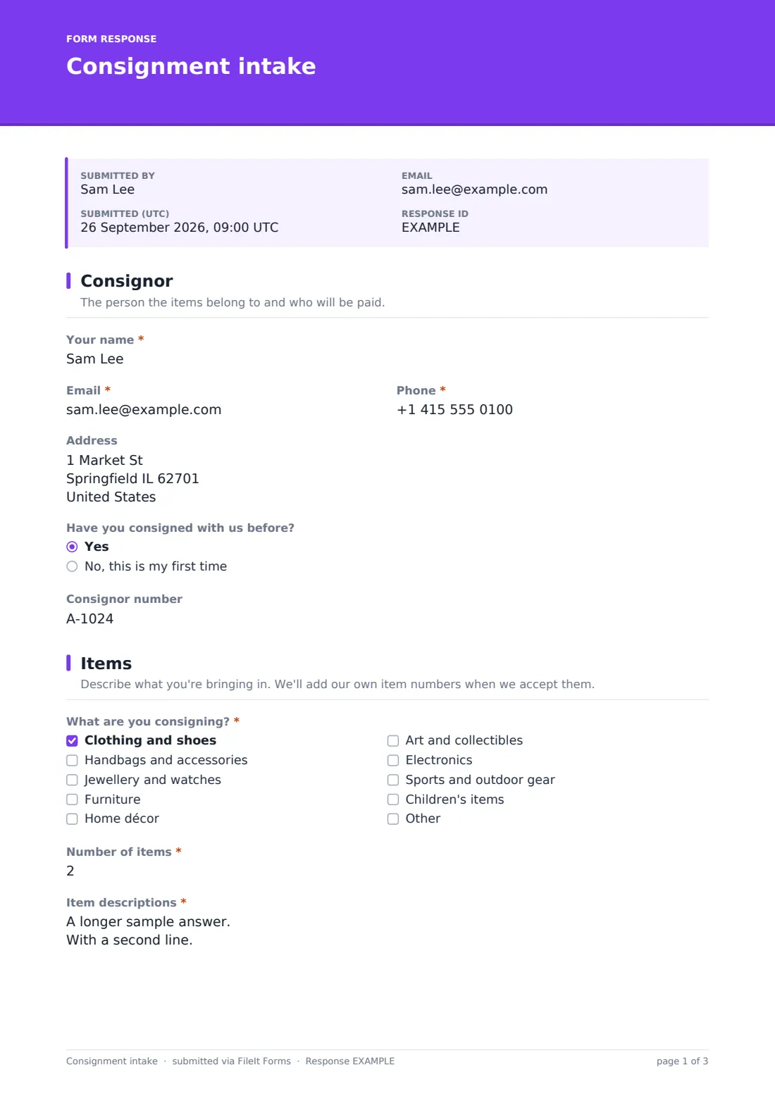 Consignment intake — example response PDF, page 1 of 3