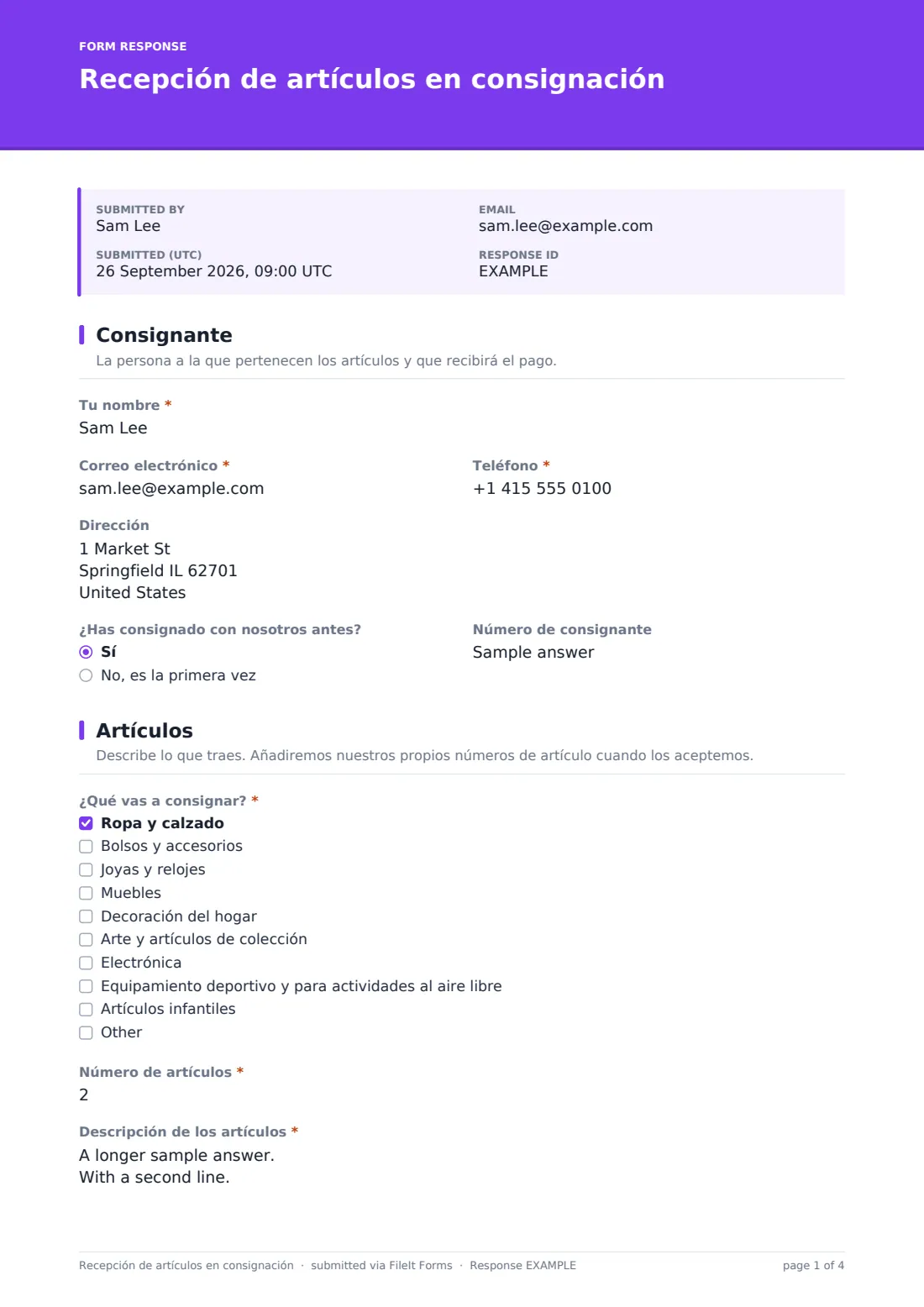 Recepción de artículos en consignación — PDF de respuesta de ejemplo, página 1 de 4