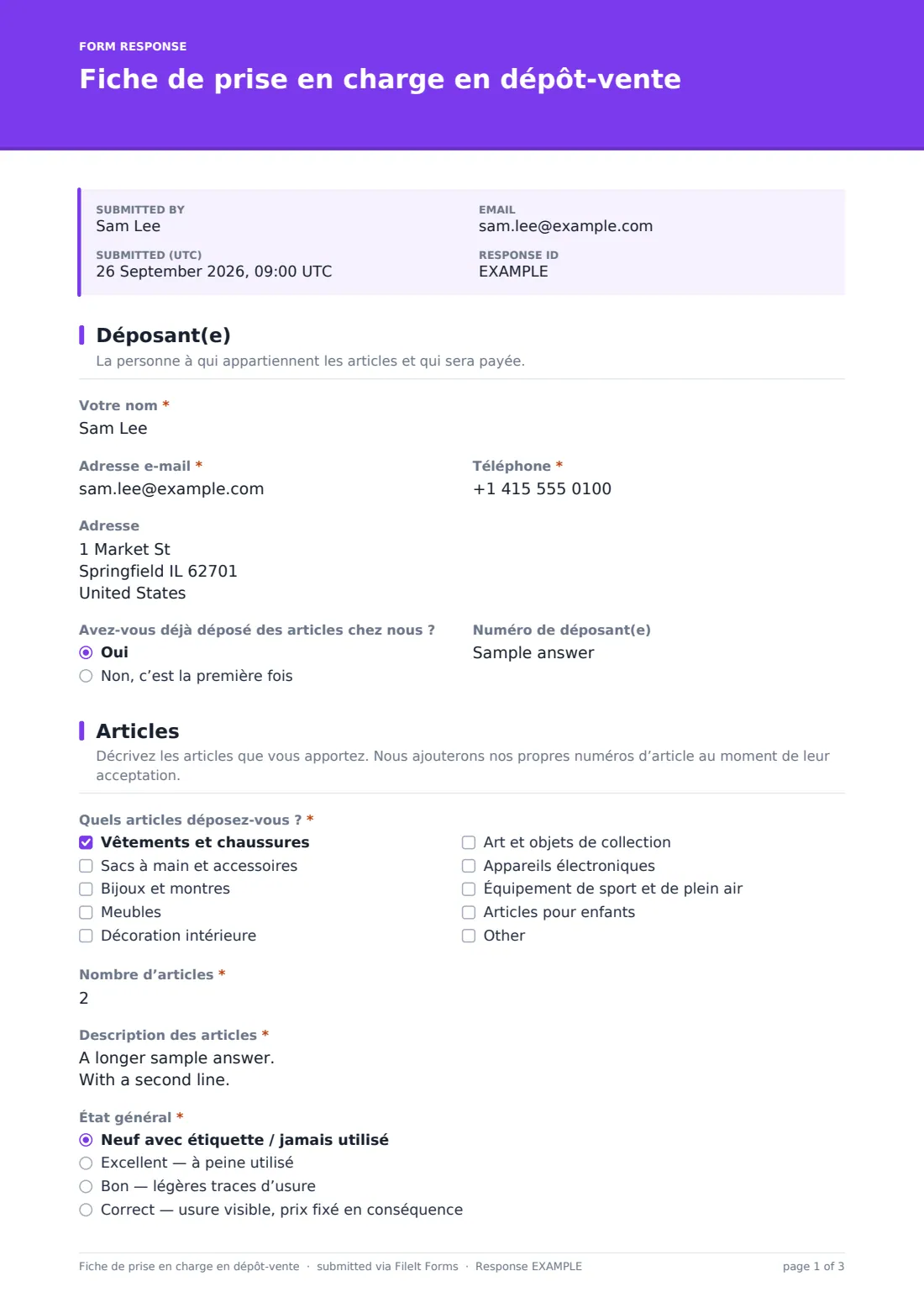 Fiche de prise en charge en dépôt-vente — exemple de réponse au format PDF, page 1 sur 3