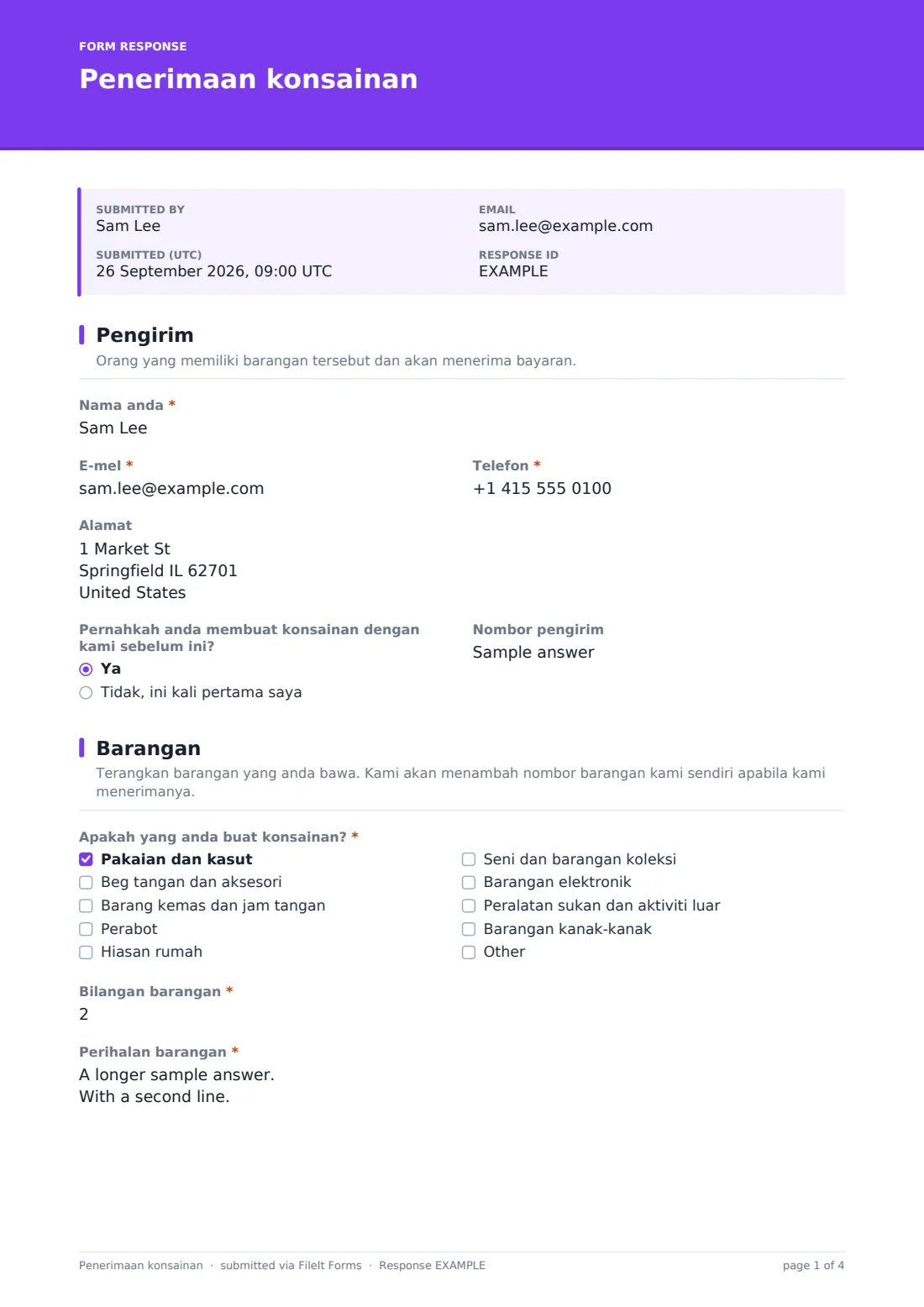 Penerimaan konsainan — PDF respons contoh, halaman 1 daripada 4