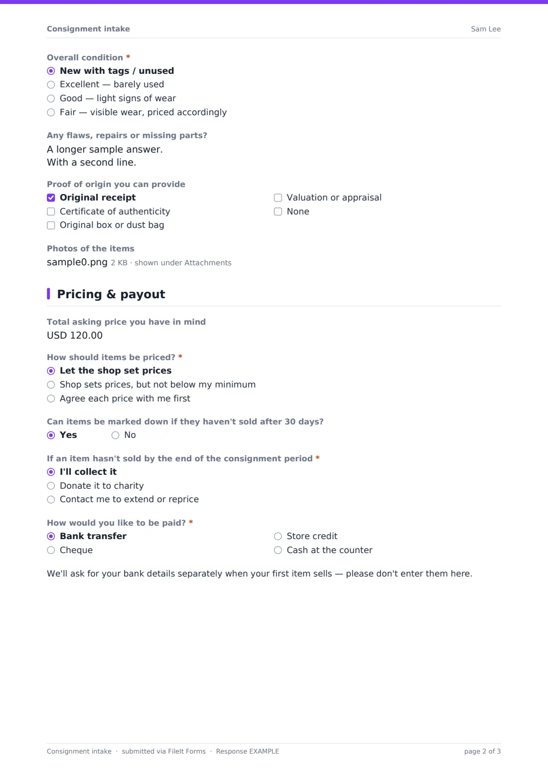 Consignment intake — example response PDF, page 2 of 3