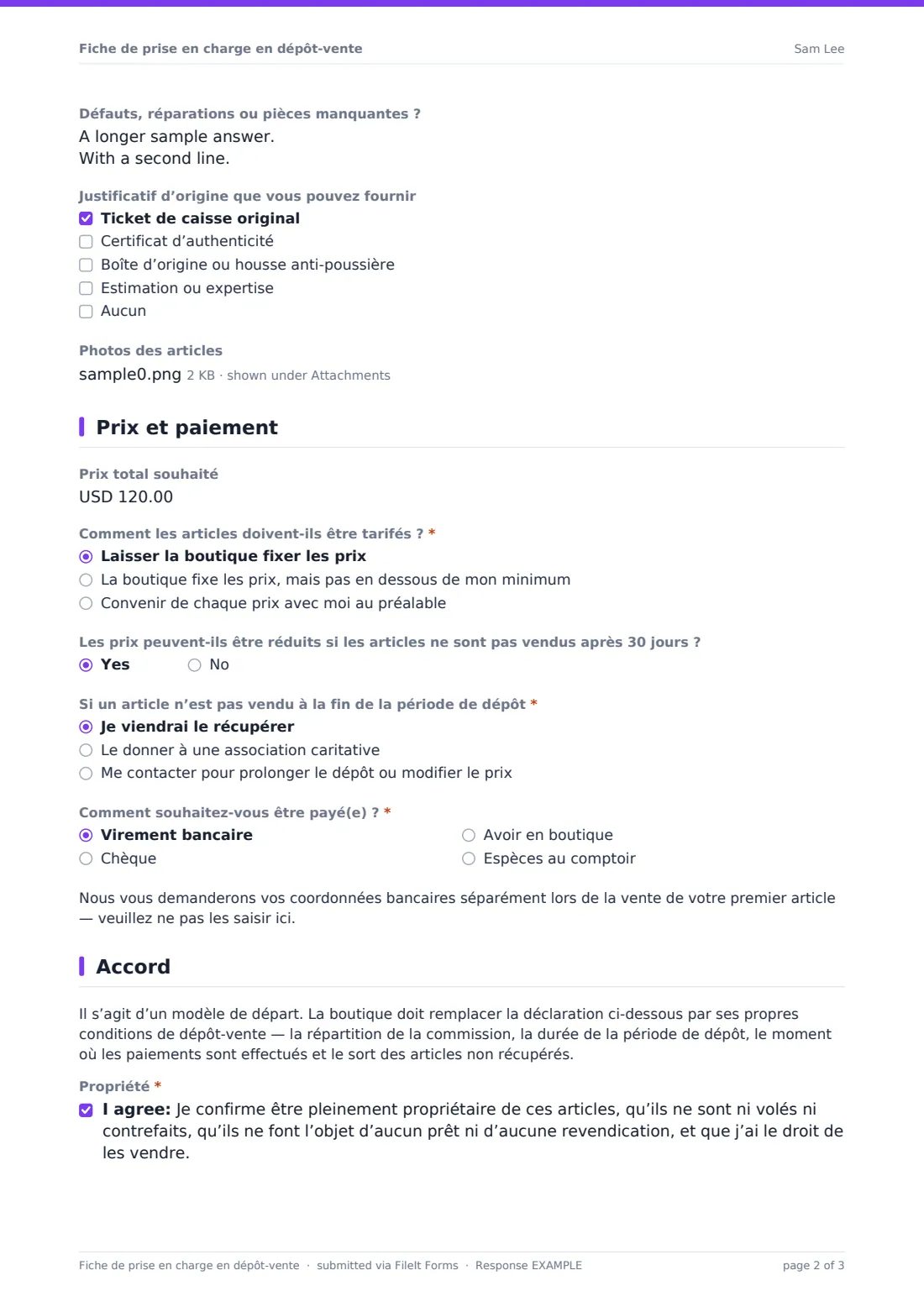 Fiche de prise en charge en dépôt-vente — exemple de réponse au format PDF, page 2 sur 3