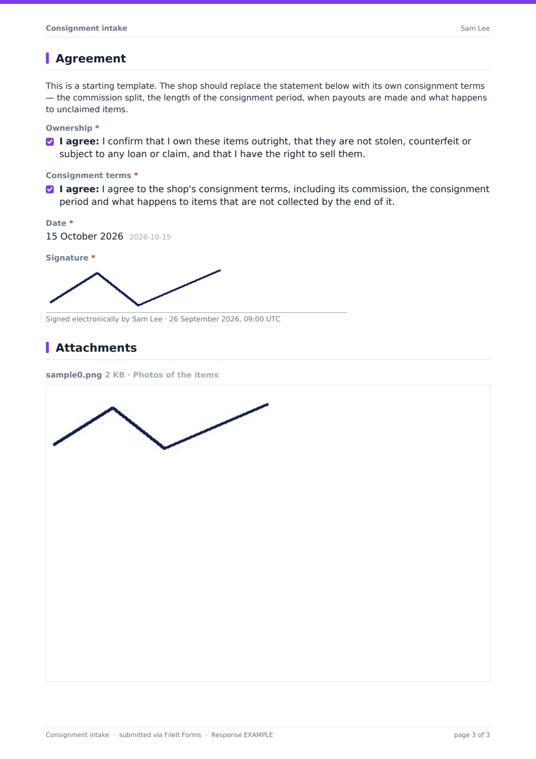Consignment intake — example response PDF, page 3 of 3
