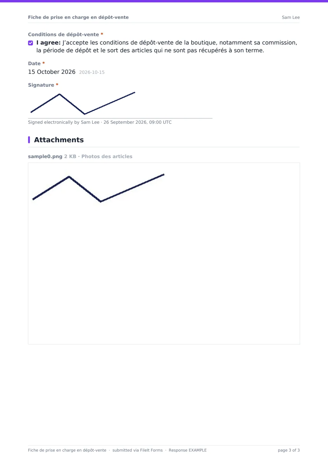 Fiche de prise en charge en dépôt-vente — exemple de réponse au format PDF, page 3 sur 3