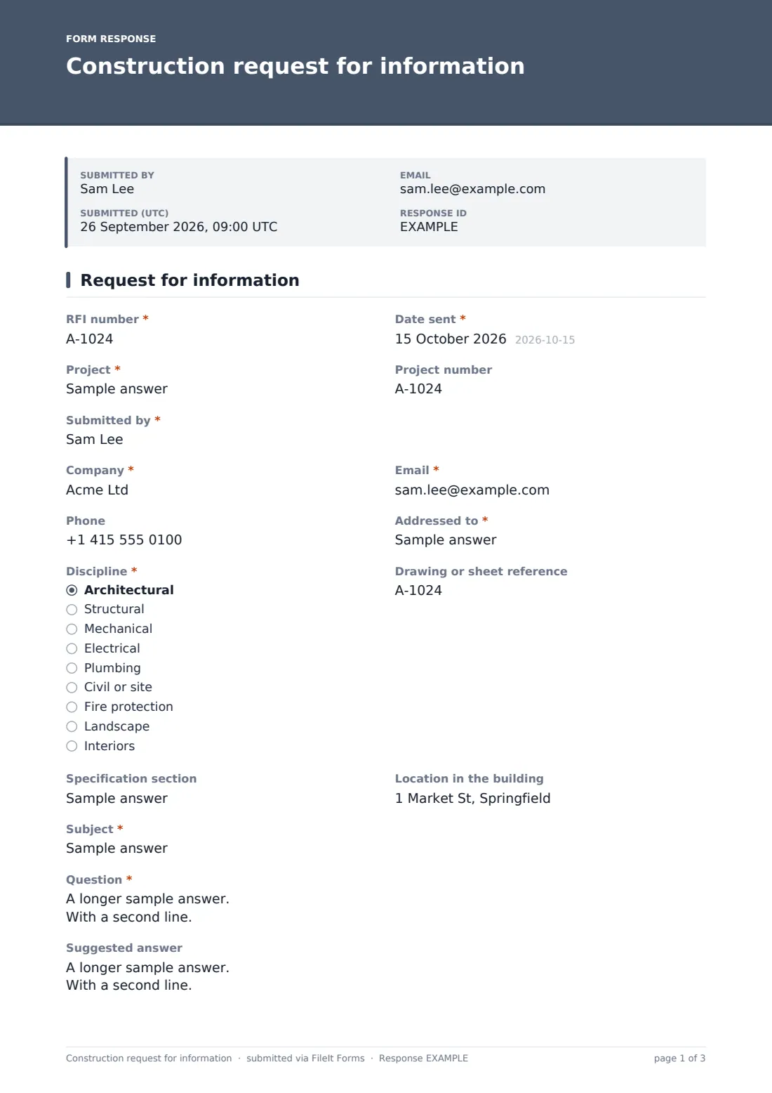 Construction request for information — example response PDF, page 1 of 3
