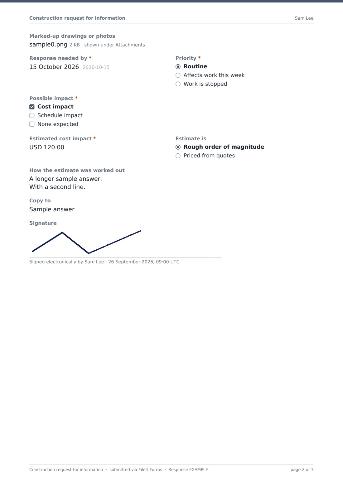 Construction request for information — example response PDF, page 2 of 3