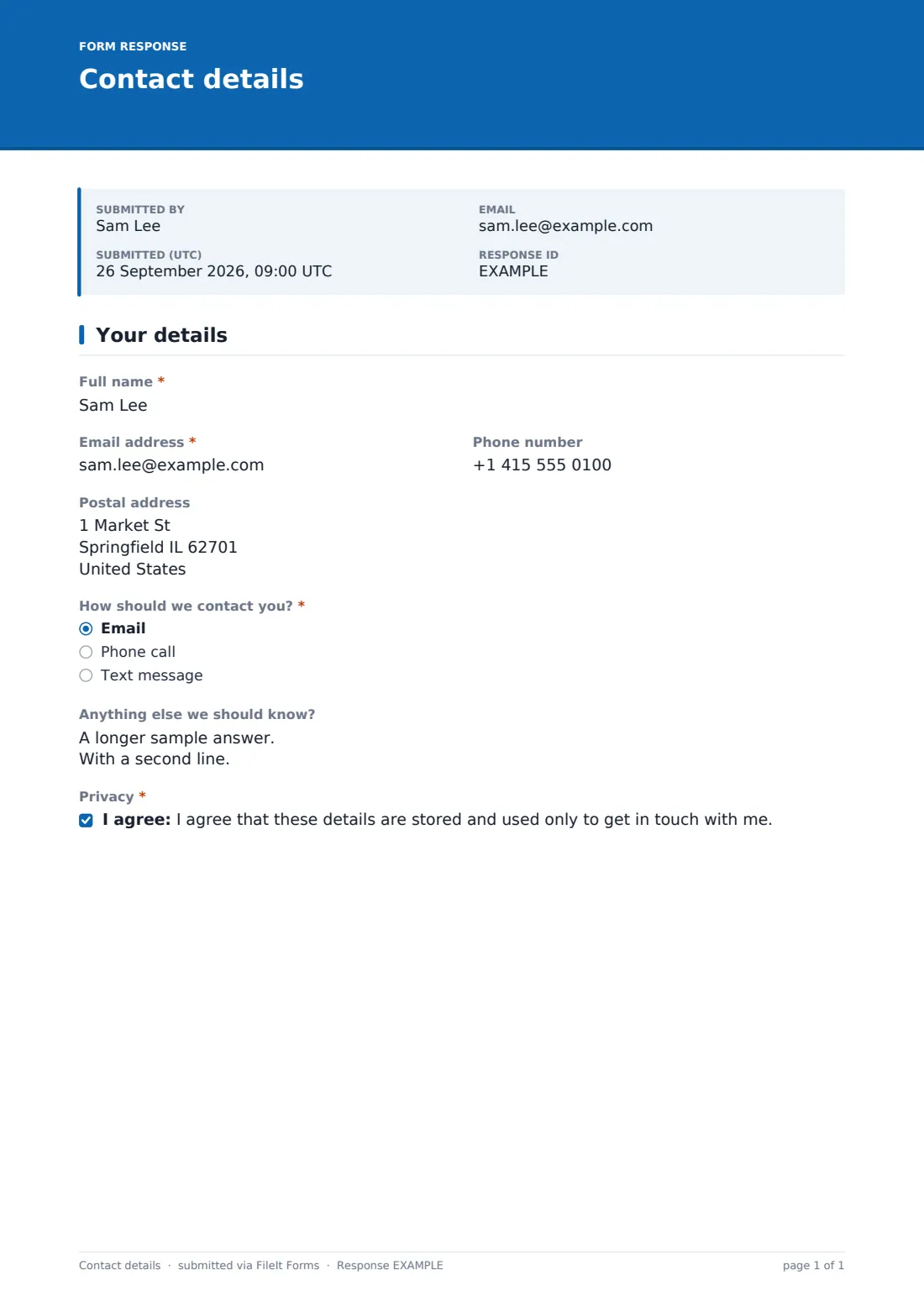 Contact details — example response PDF, page 1 of 1