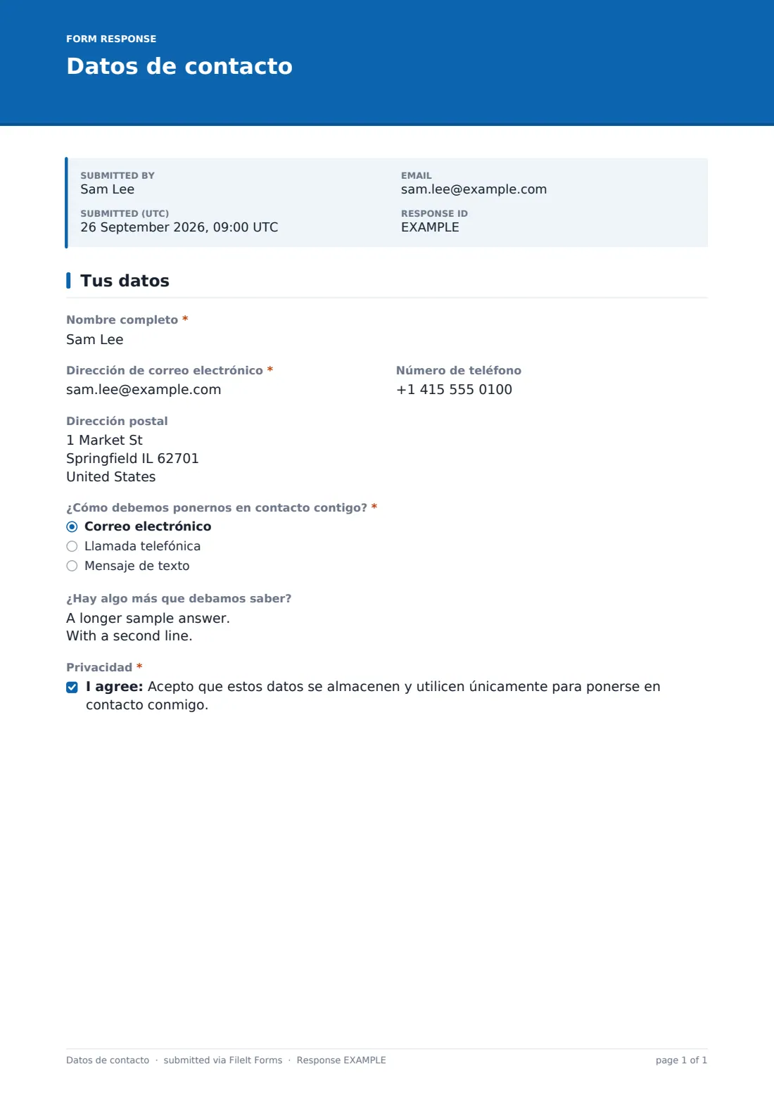 Datos de contacto — PDF de respuesta de ejemplo, página 1 de 1