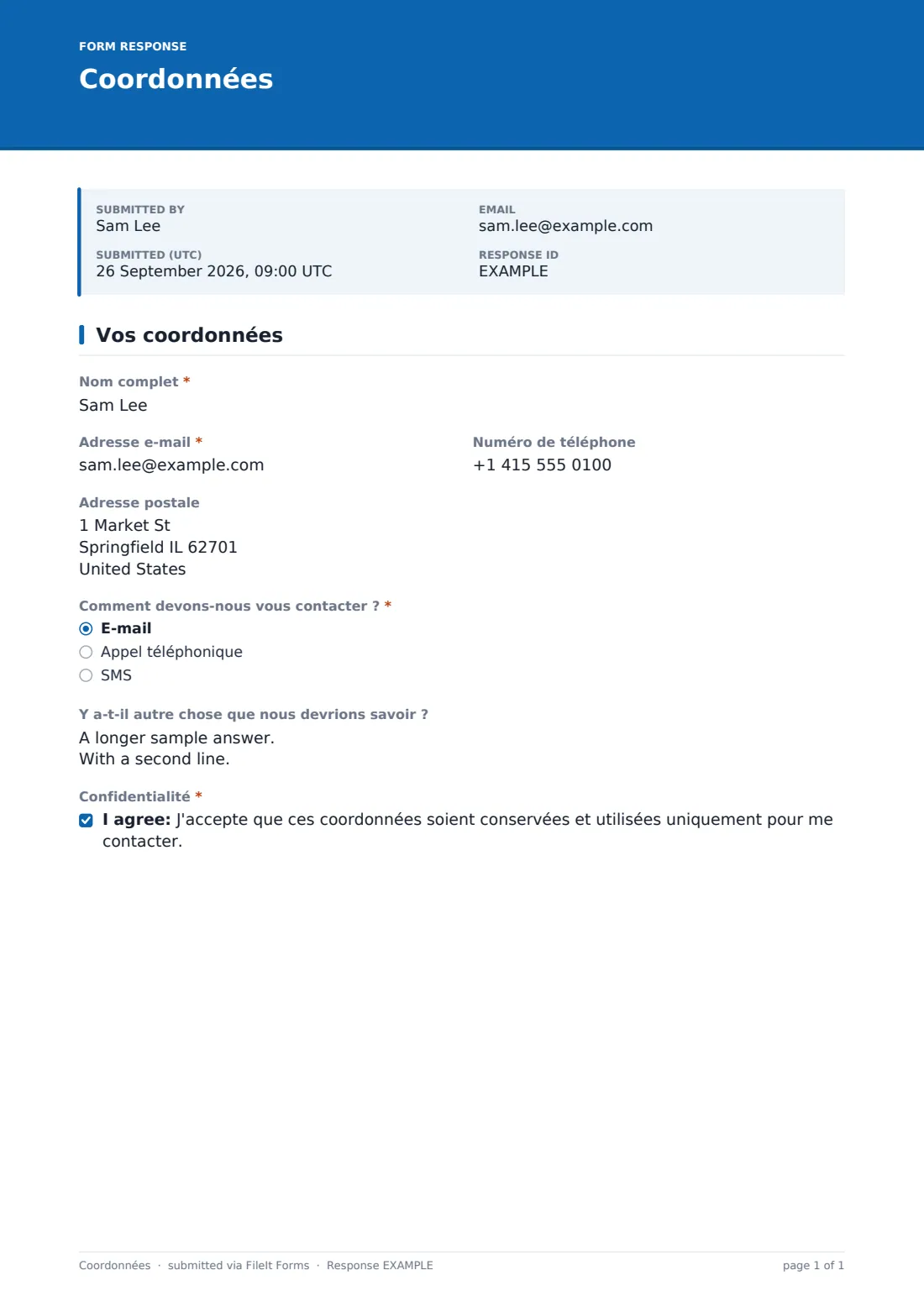 Coordonnées — exemple de réponse au format PDF, page 1 sur 1