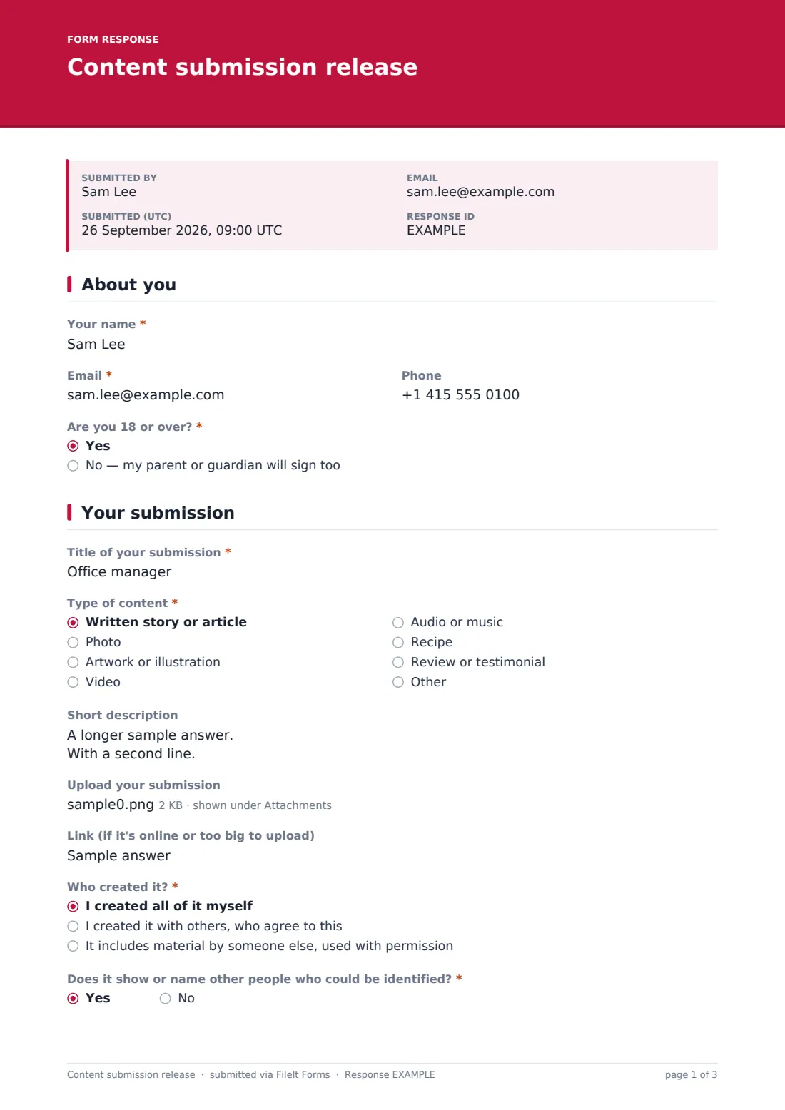 Content submission release — example response PDF, page 1 of 3