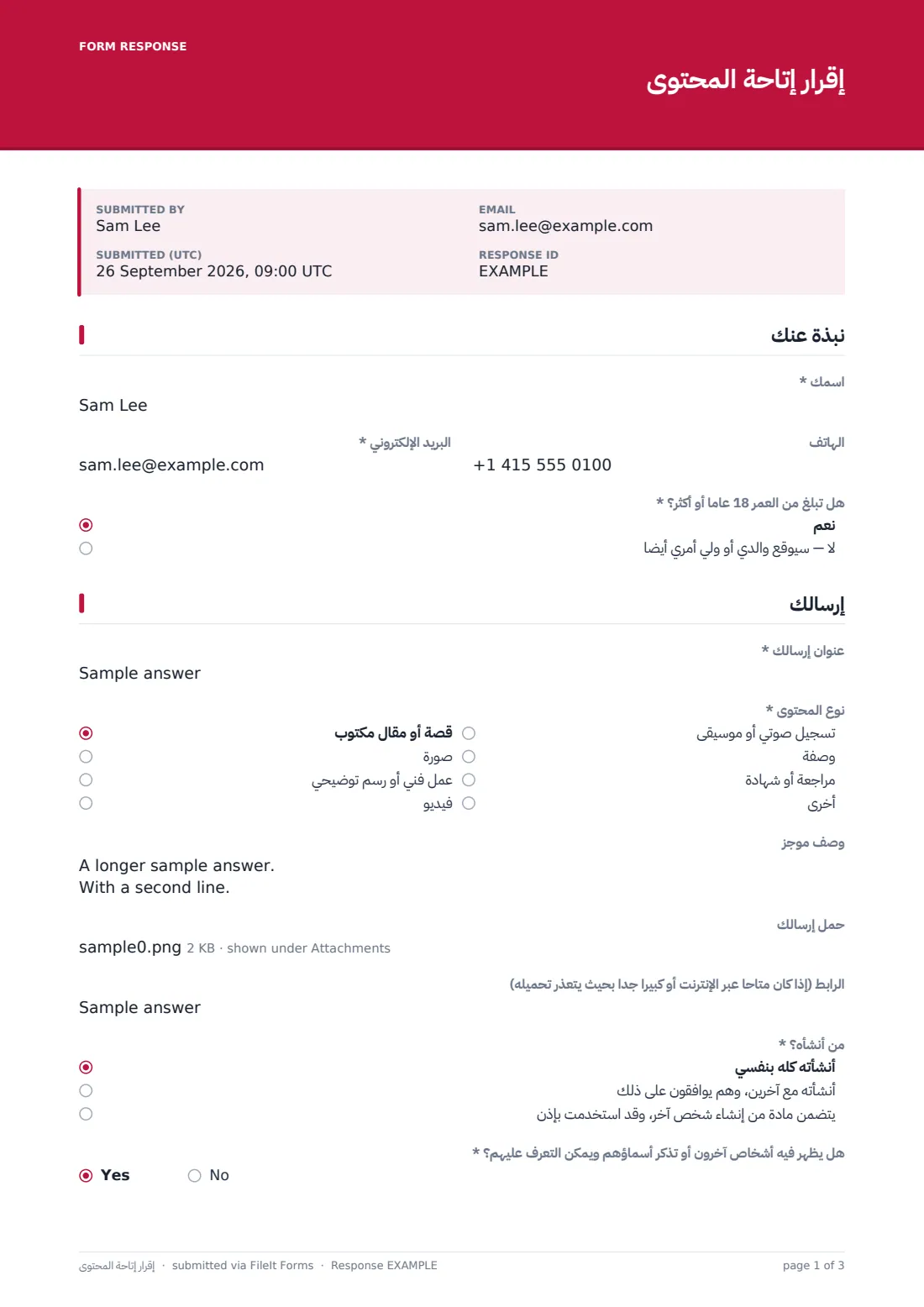 إقرار إتاحة المحتوى — ملف PDF لرد نموذجي، الصفحة 1 من 3