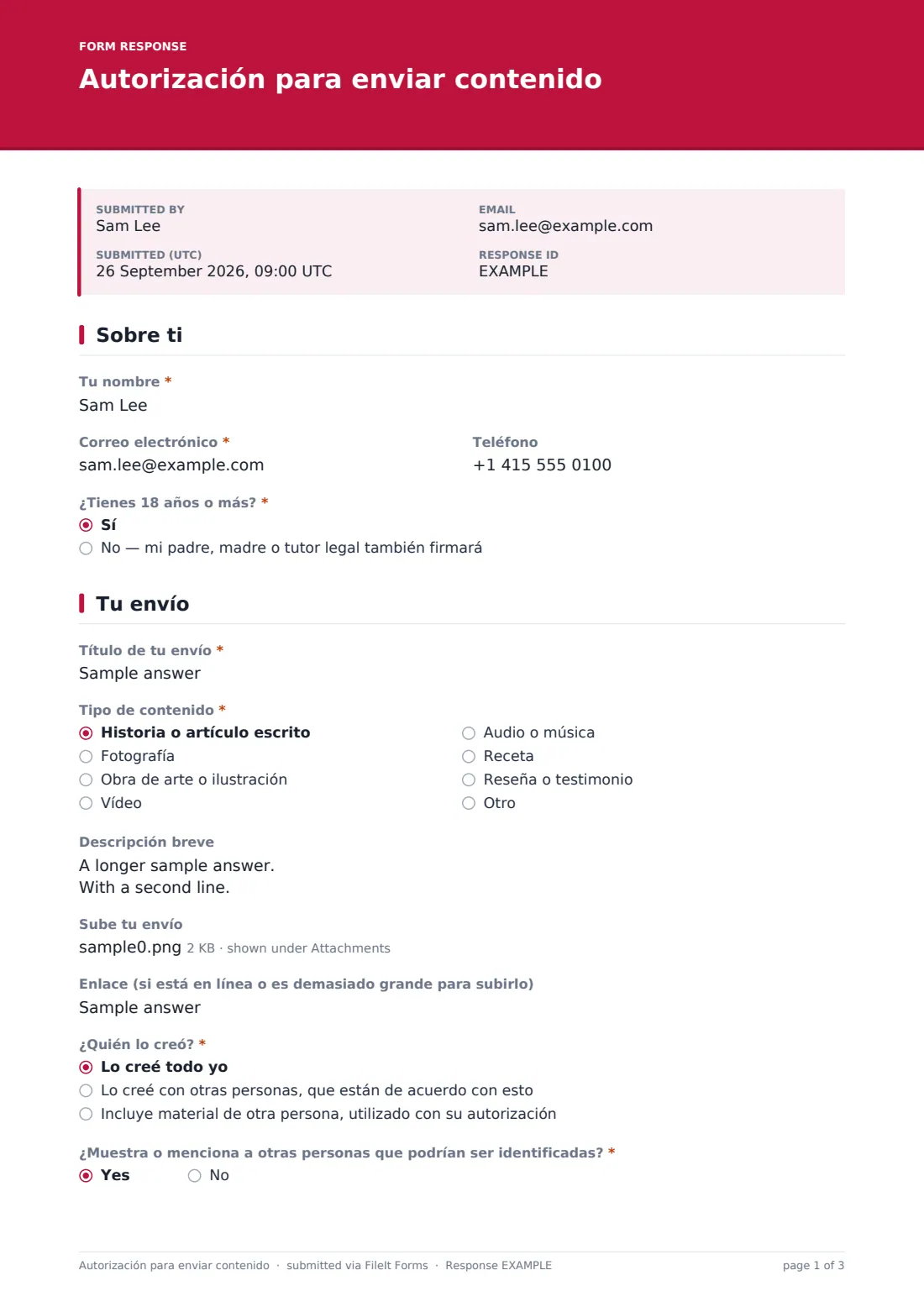 Autorización para enviar contenido — PDF de respuesta de ejemplo, página 1 de 3