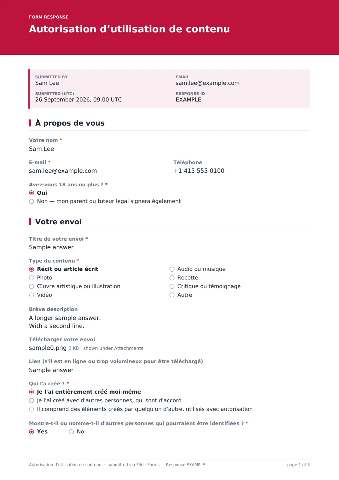 Autorisation d’utilisation de contenu — exemple de réponse au format PDF, page 1 sur 3
