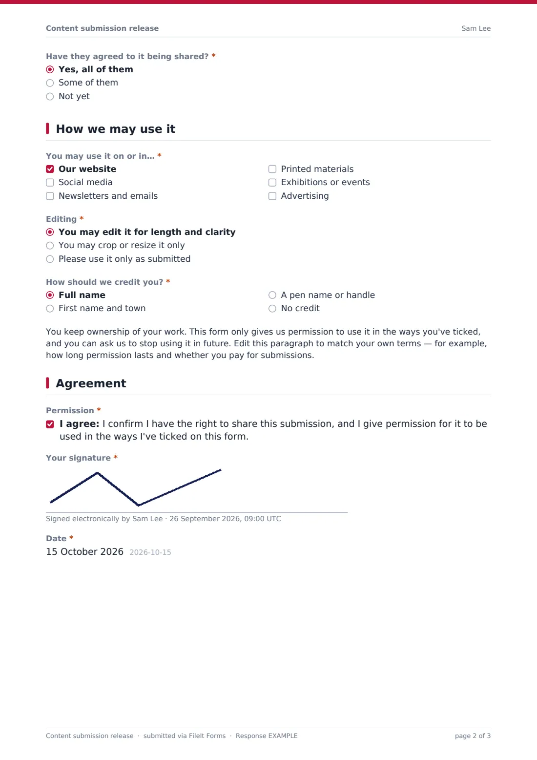 Content submission release — example response PDF, page 2 of 3