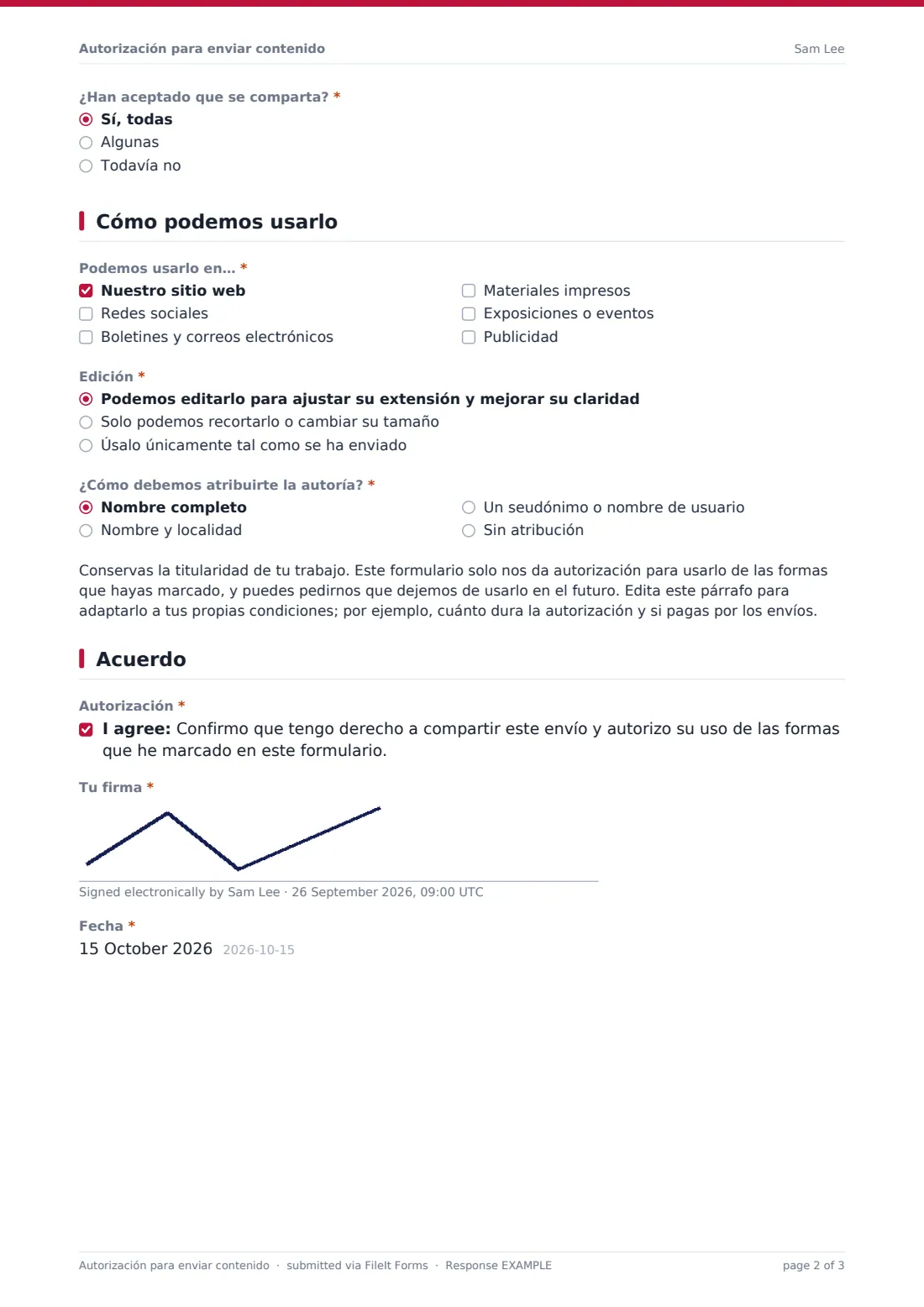 Autorización para enviar contenido — PDF de respuesta de ejemplo, página 2 de 3