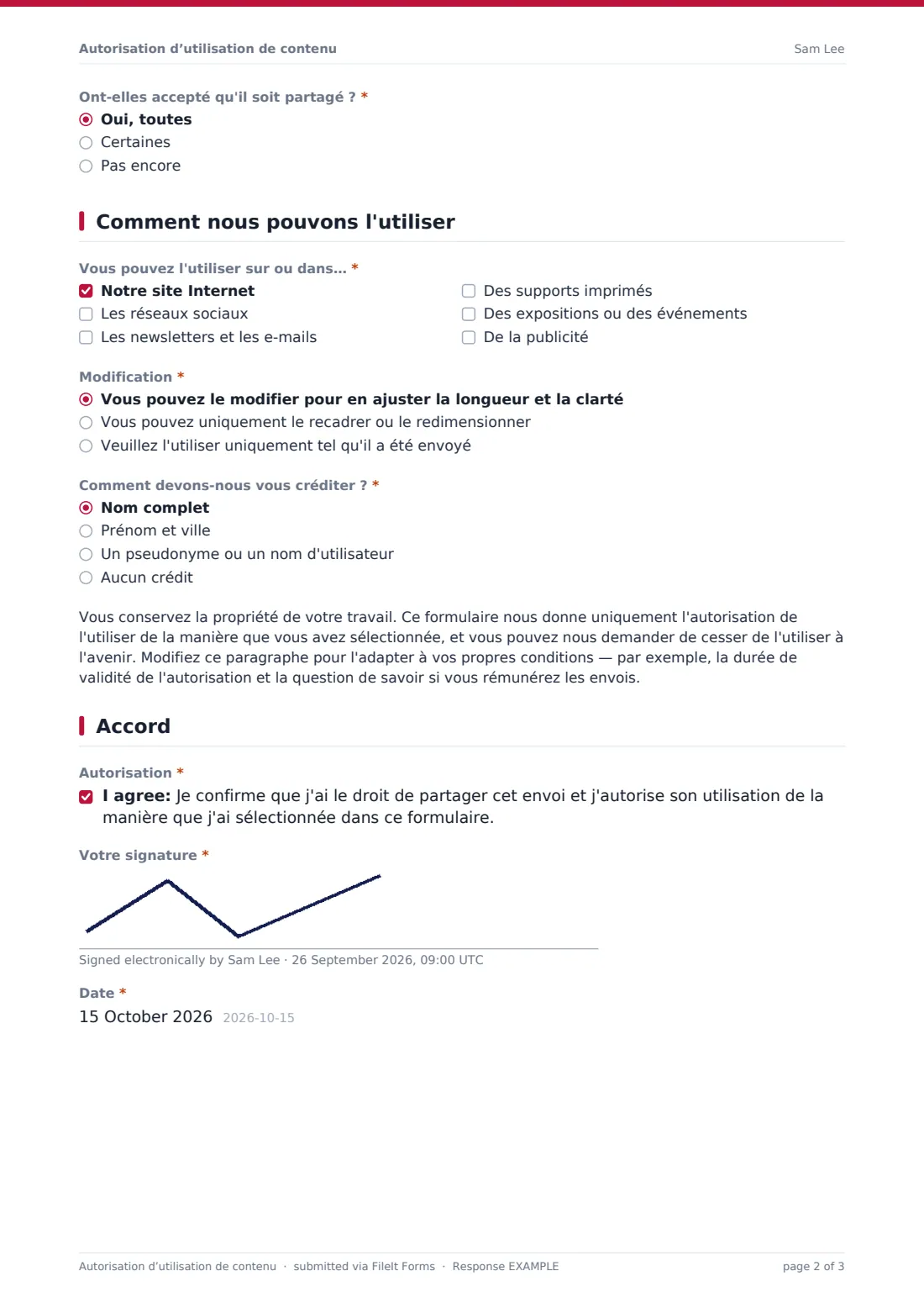 Autorisation d’utilisation de contenu — exemple de réponse au format PDF, page 2 sur 3