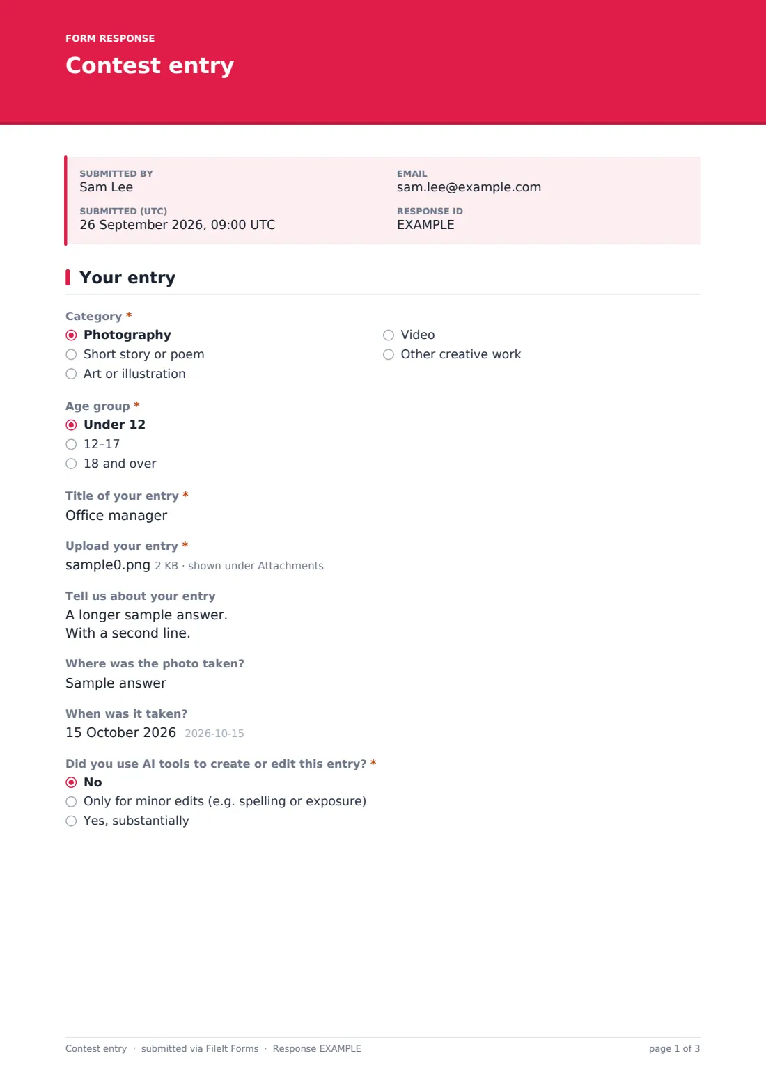 Contest entry — example response PDF, page 1 of 3