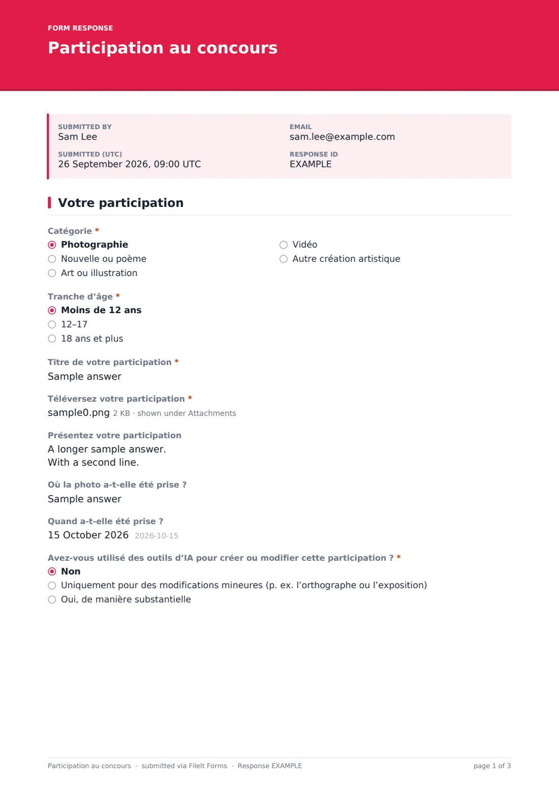 Participation au concours — exemple de réponse au format PDF, page 1 sur 3