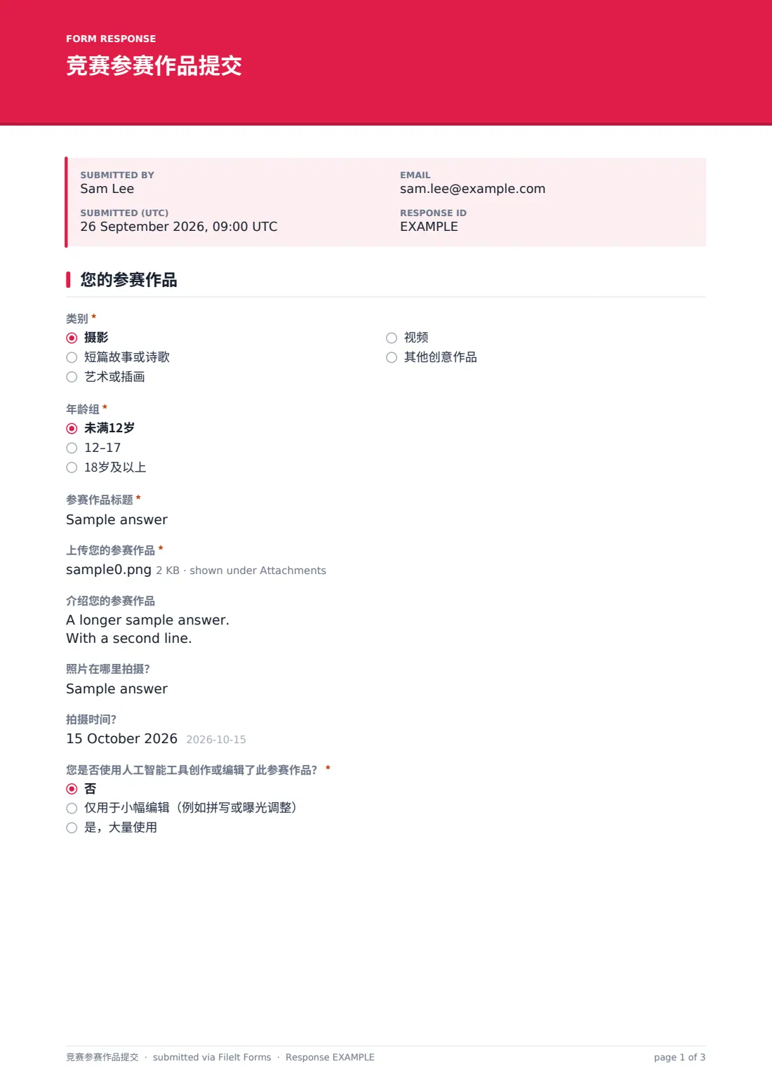 竞赛参赛作品提交 — 示例回复 PDF，第 1 页，共 3 页