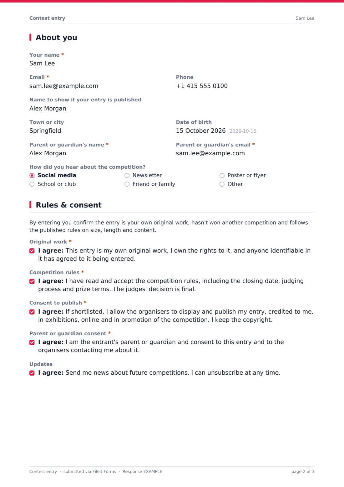 Contest entry — example response PDF, page 2 of 3