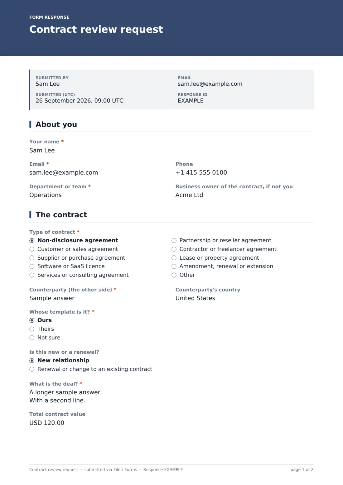 Contract review request — example response PDF, page 1 of 2