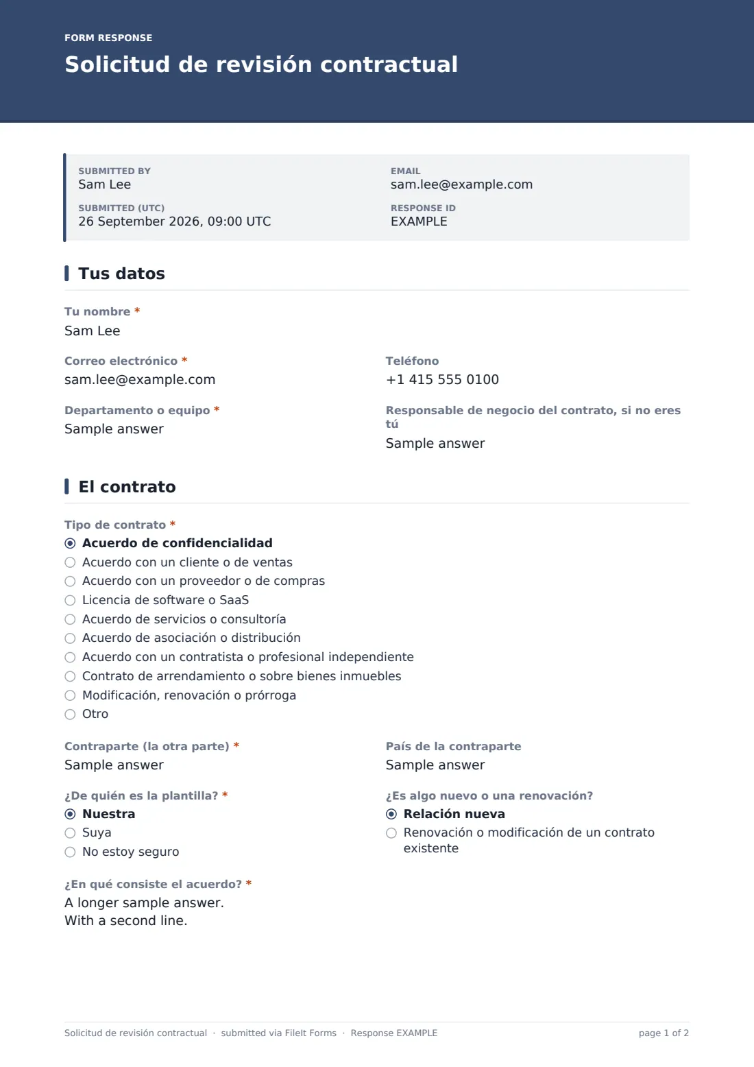 Solicitud de revisión contractual — PDF de respuesta de ejemplo, página 1 de 2