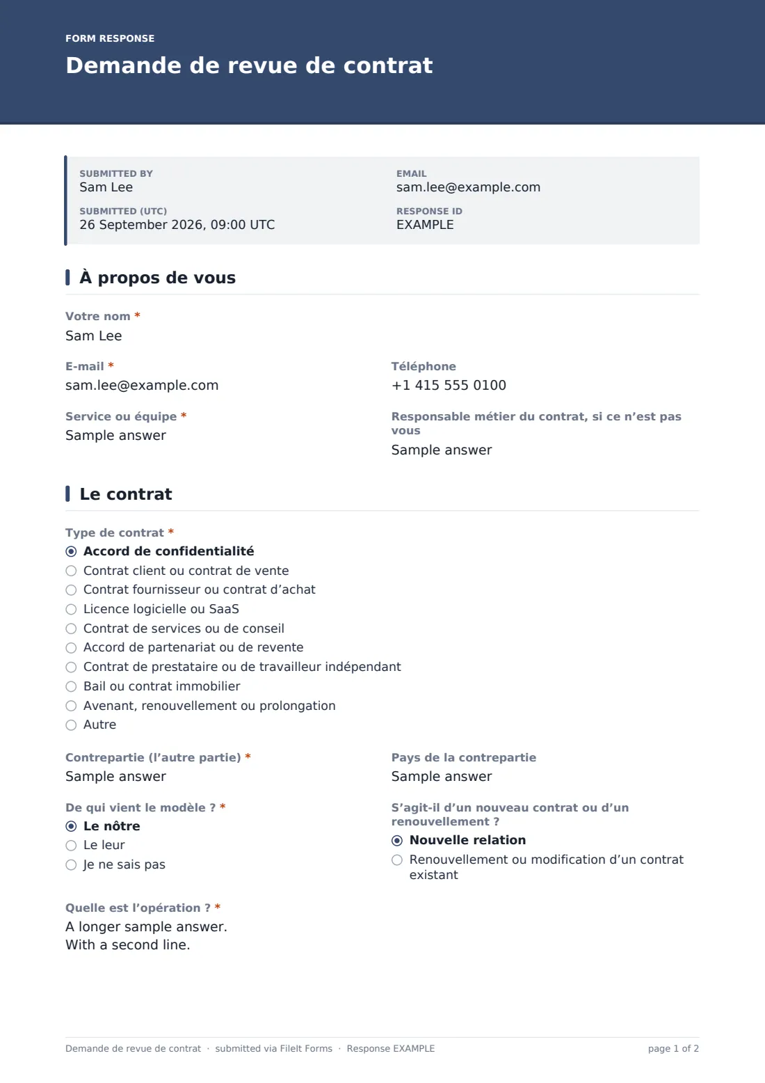 Demande de revue de contrat — exemple de réponse au format PDF, page 1 sur 2