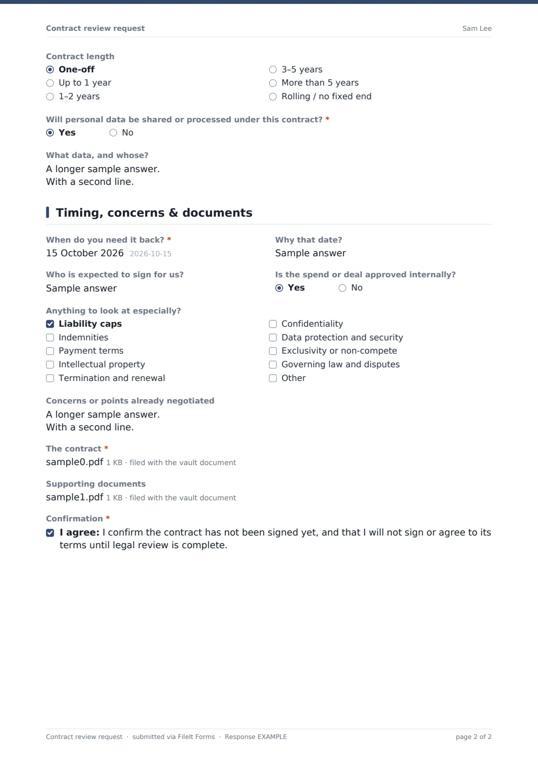 Contract review request — example response PDF, page 2 of 2