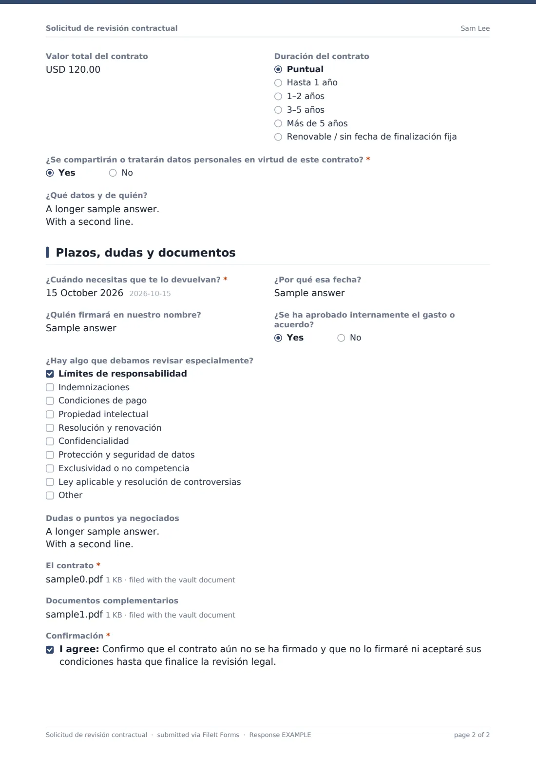 Solicitud de revisión contractual — PDF de respuesta de ejemplo, página 2 de 2