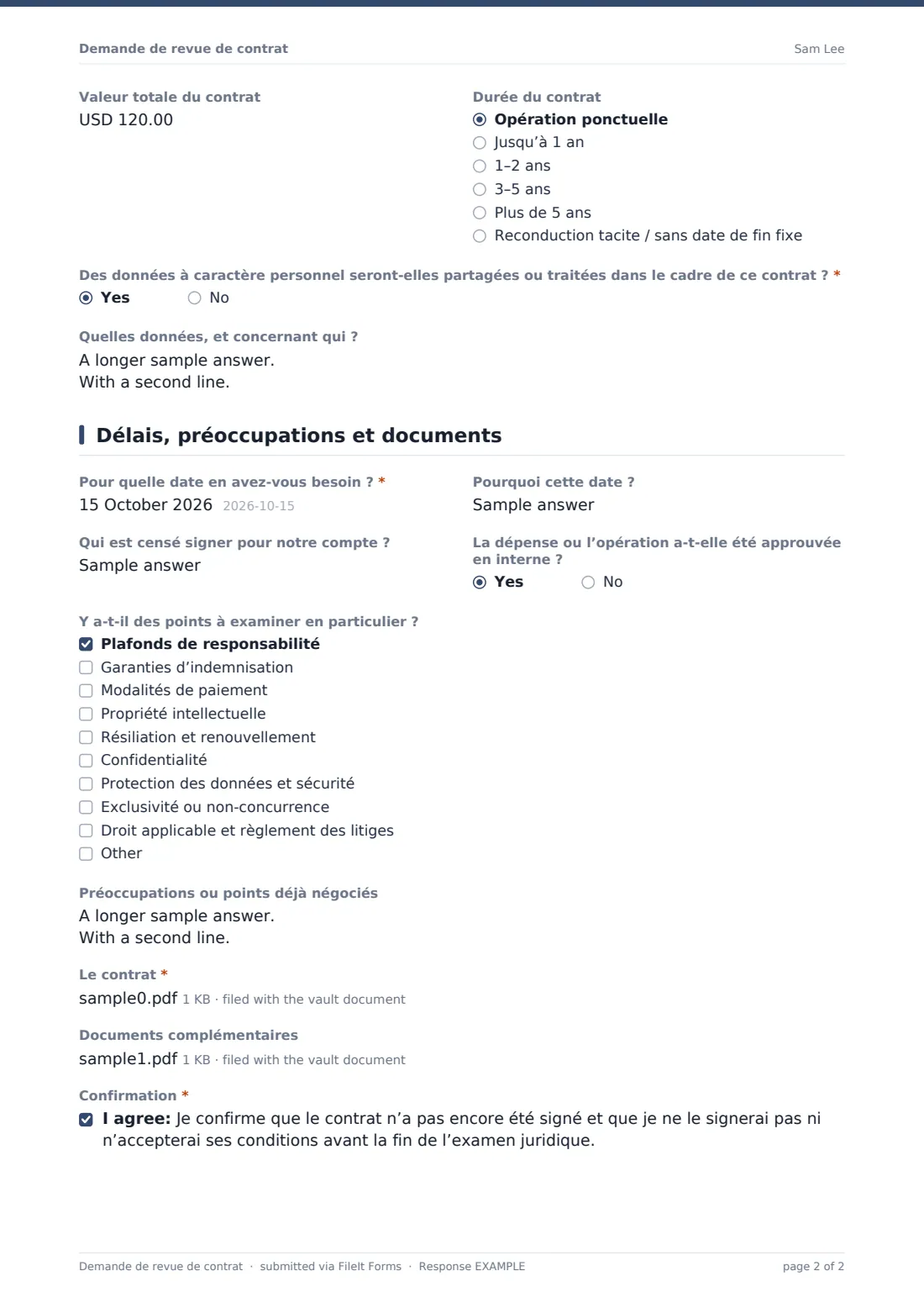 Demande de revue de contrat — exemple de réponse au format PDF, page 2 sur 2