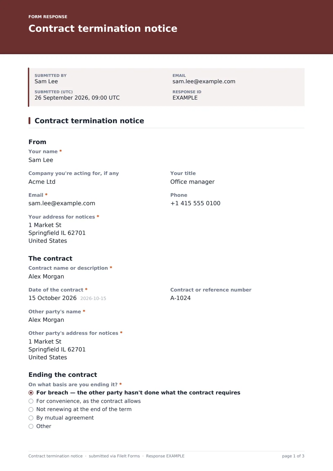 Contract termination notice — example response PDF, page 1 of 3